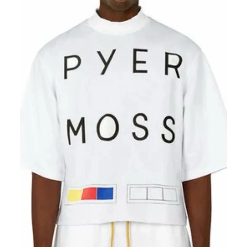 PYER MOSS • White “We Forgive You” Short Sleeve Mockneck Logo Tee, M - Picture 1 of 16